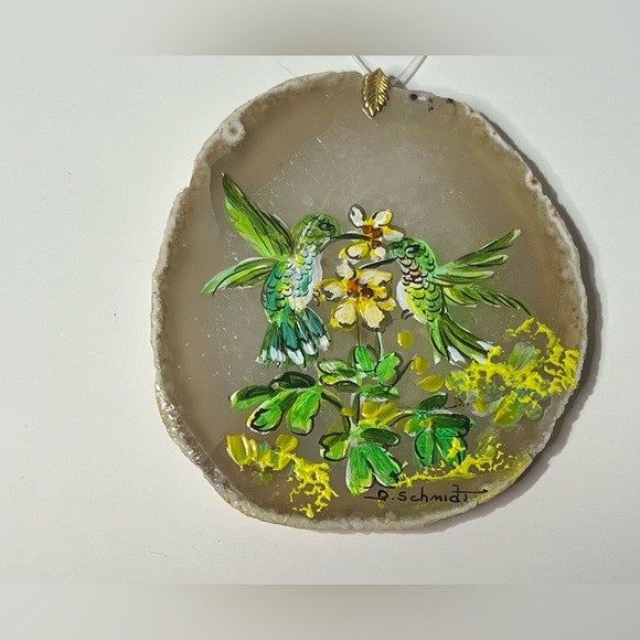 Hummingbirds Flowers Hand Painted On Geode Stone Slab Signed D Schmidt - Picture 1 of 9